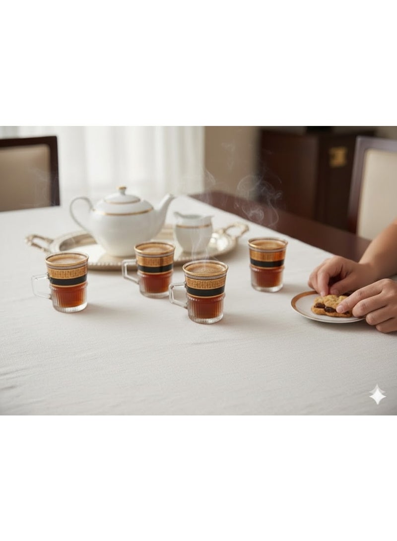 طقم استكانات شاي زجاجي مذهب - 6 قطع - تصميم ملكي بنقوش بارزة ومقبض مريح - Image 2